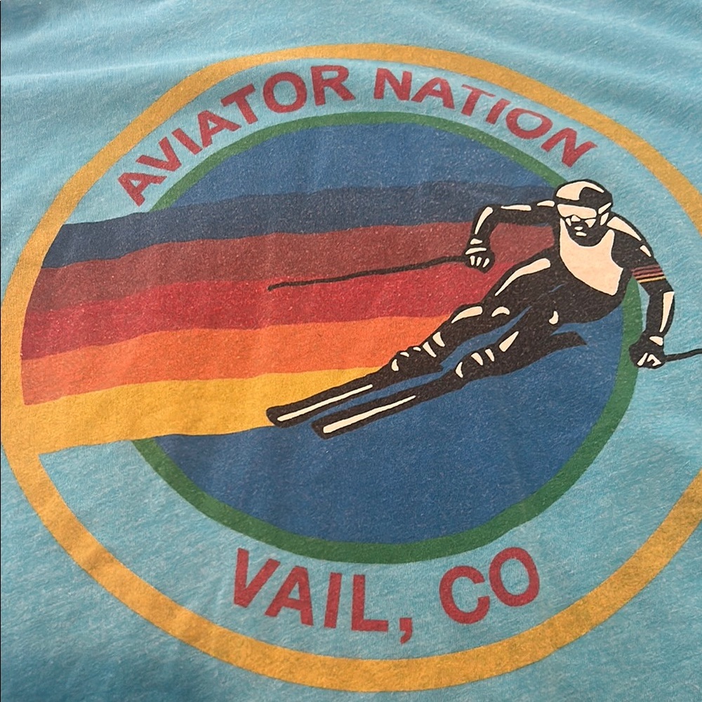 Aviator Nation Vail CO Skier Tee - Blue with Rainbow Stripes